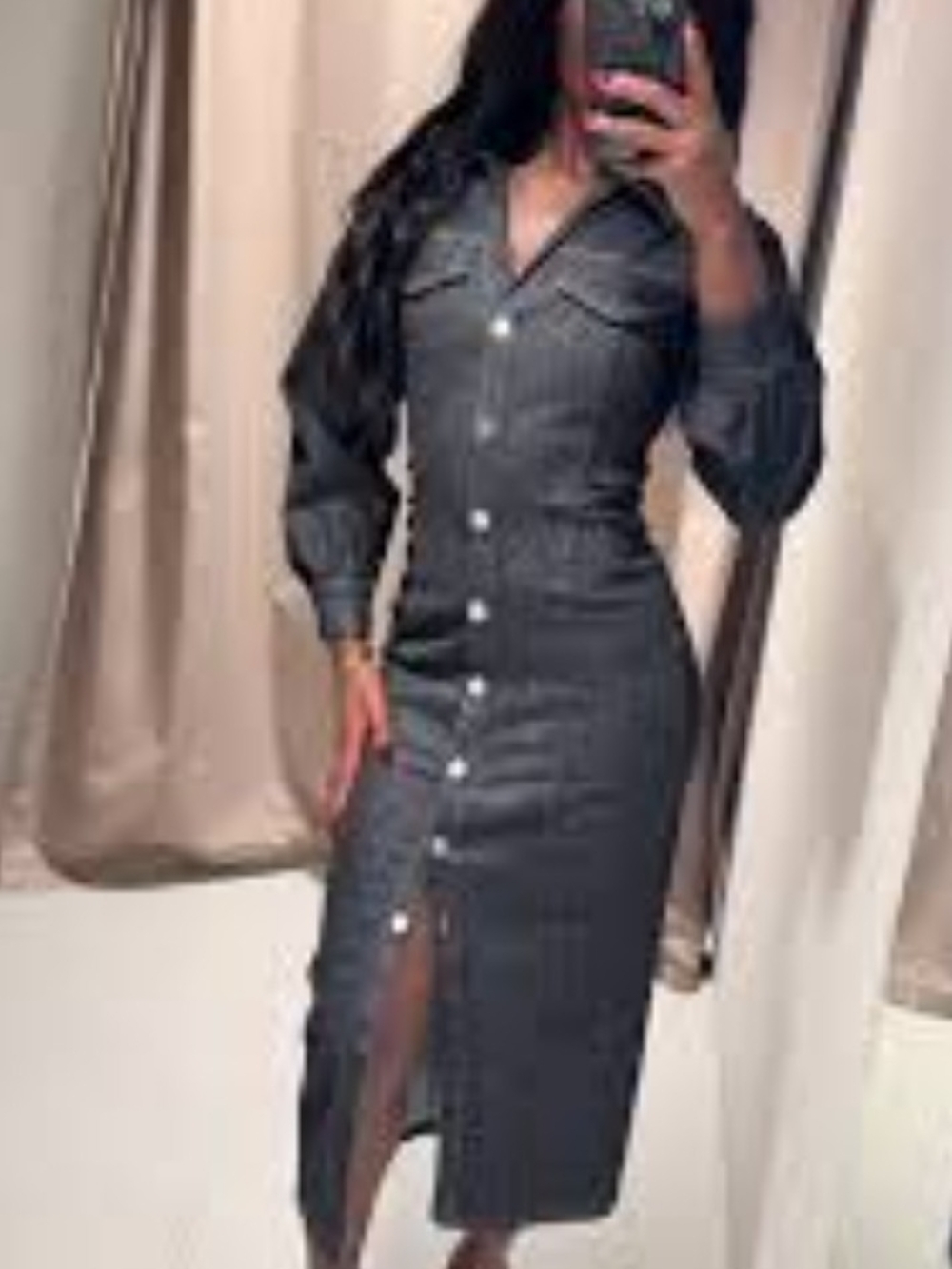 NEW.ZARA.Button-Front Long Sleeve Midi Dress in Dark Gray